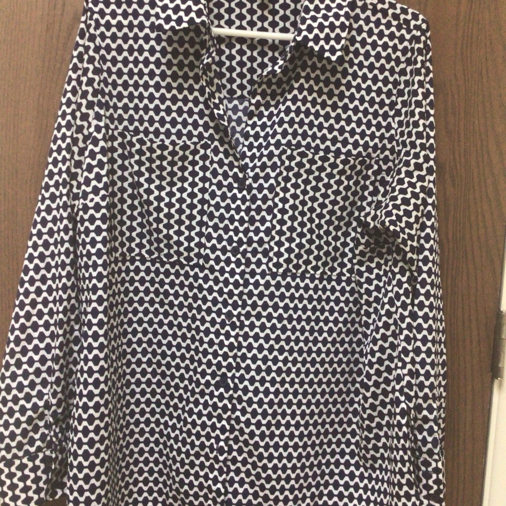 Tommy Hilfiger Navy and White Geometric Shirt Blouse, sz XL